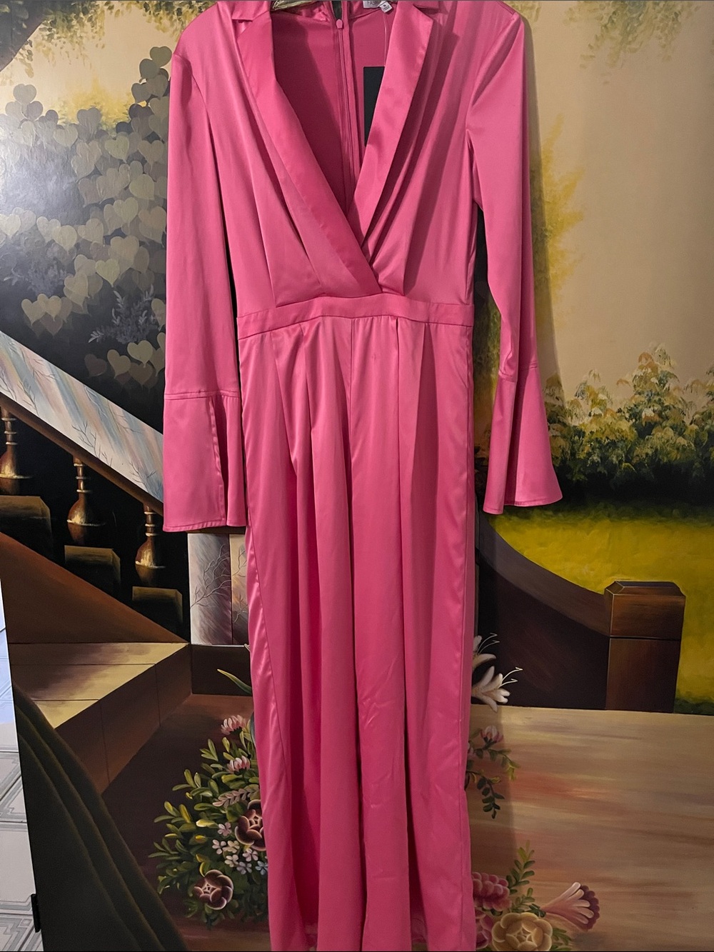 Fashion Nova Hot Pink Long Sleeve V-Neck Maxi Dress